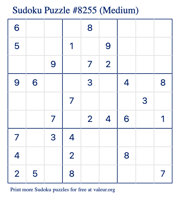 Free Printable Medium Sudoku Puzzle number 8255