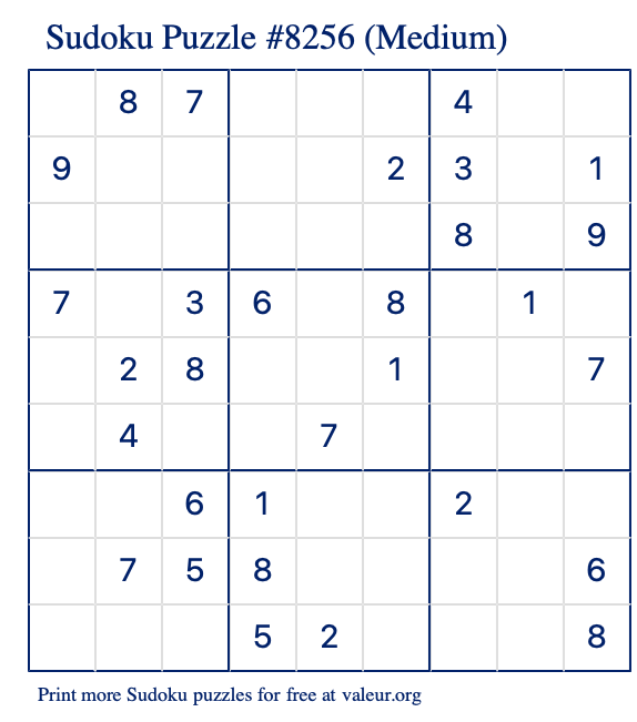 Free Printable Medium Sudoku Puzzle number 8256