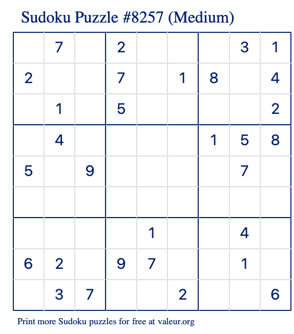 Free Printable Medium Sudoku Puzzle number 8257