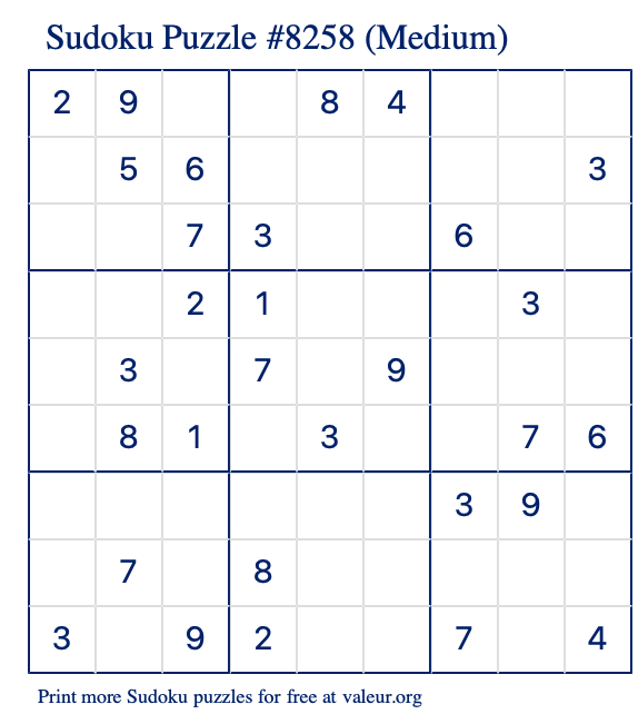 Free Printable Medium Sudoku Puzzle number 8258