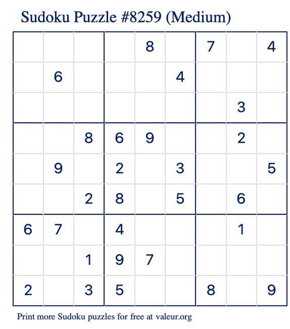 Free Printable Medium Sudoku Puzzle number 8259