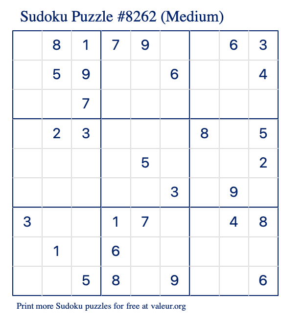 Free Printable Medium Sudoku Puzzle number 8262
