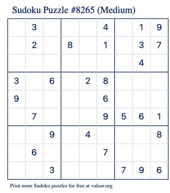 Free Printable Medium Sudoku Puzzle number 8265