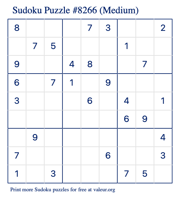 Free Printable Medium Sudoku Puzzle number 8266
