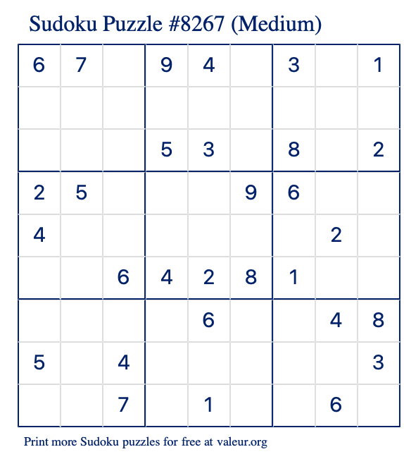 Free Printable Medium Sudoku Puzzle number 8267