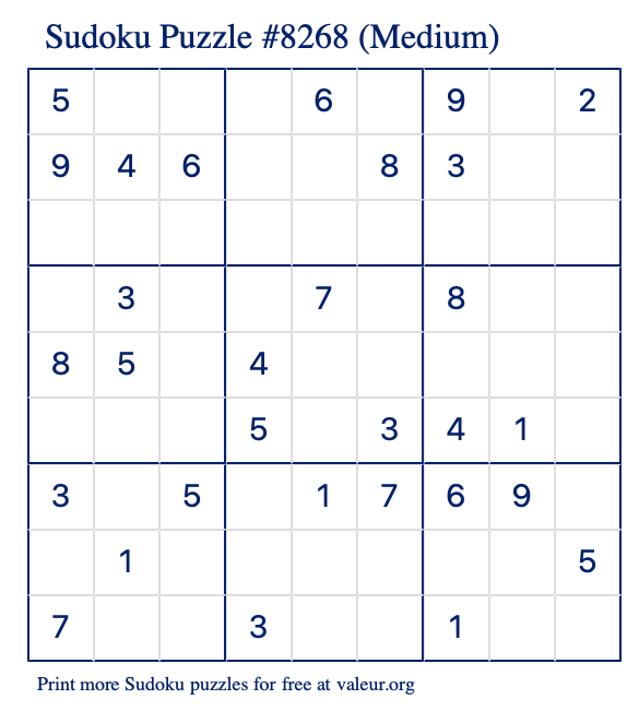 Free Printable Medium Sudoku Puzzle number 8268