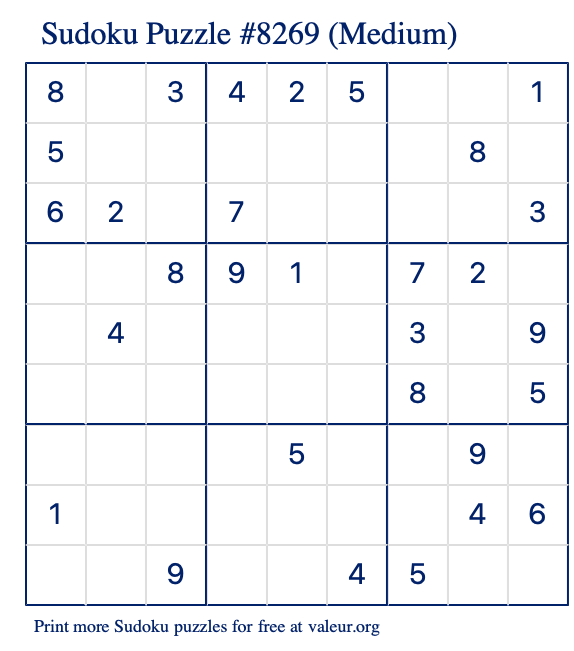Free Printable Medium Sudoku Puzzle number 8269