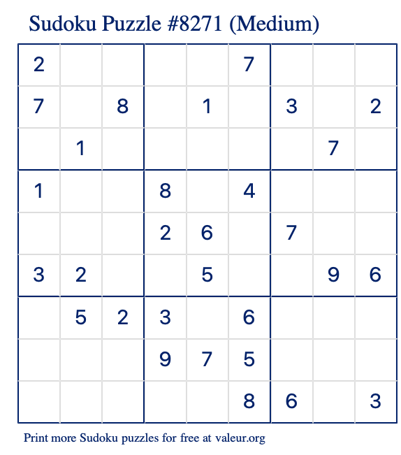 Free Printable Medium Sudoku Puzzle number 8271