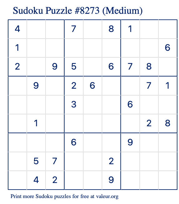 Free Printable Medium Sudoku Puzzle number 8273