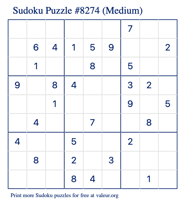 Free Printable Medium Sudoku Puzzle number 8274