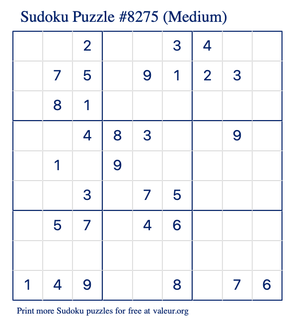 Free Printable Medium Sudoku Puzzle number 8275