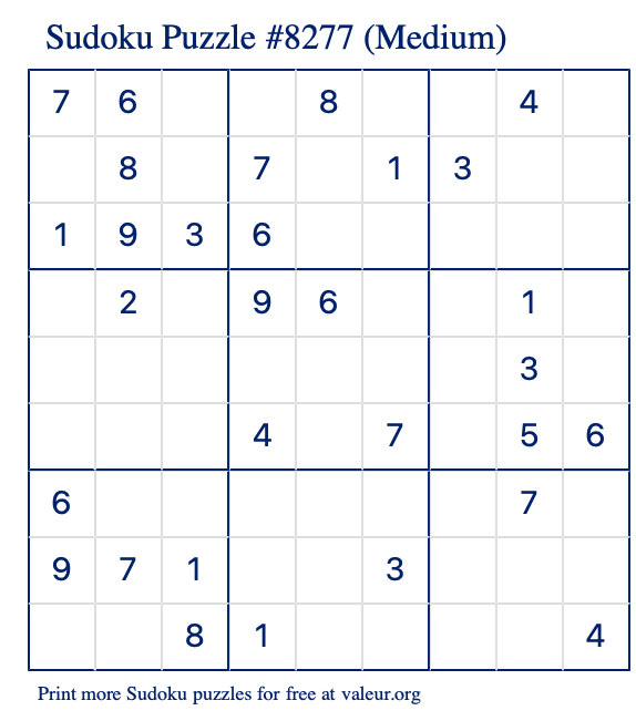 Free Printable Medium Sudoku Puzzle number 8277
