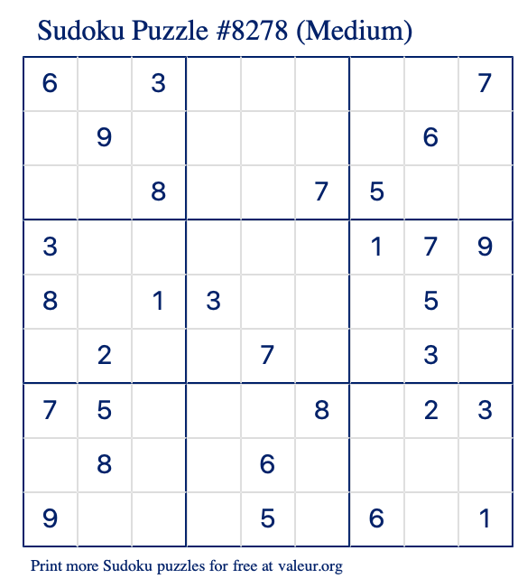 Free Printable Medium Sudoku Puzzle number 8278