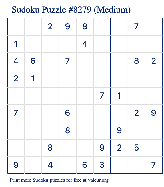 Free Printable Medium Sudoku Puzzle number 8279