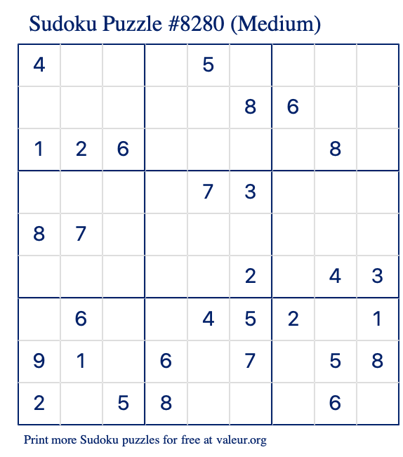 Free Printable Medium Sudoku Puzzle number 8280