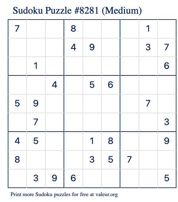 Free Printable Medium Sudoku Puzzle number 8281