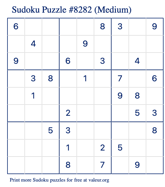 Free Printable Medium Sudoku Puzzle number 8282