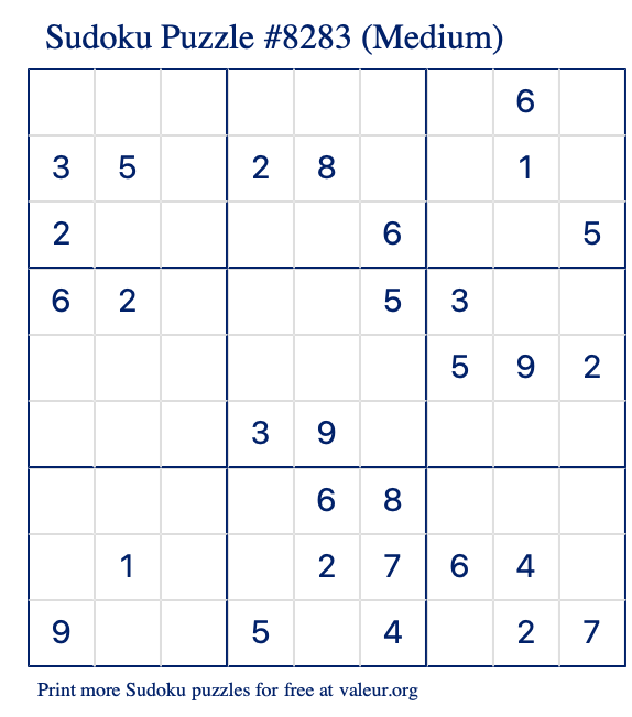 Free Printable Medium Sudoku Puzzle number 8283