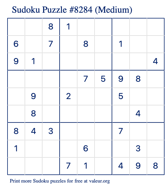 Free Printable Medium Sudoku Puzzle number 8284