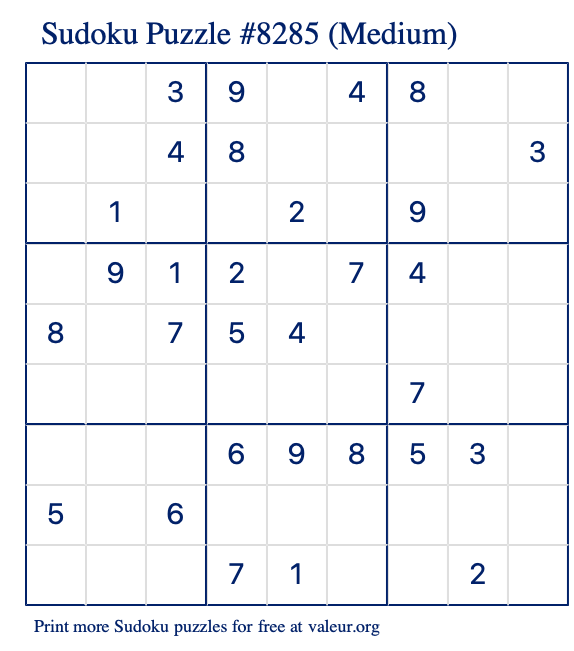 Free Printable Medium Sudoku Puzzle number 8285