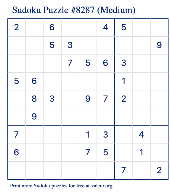 Free Printable Medium Sudoku Puzzle number 8287