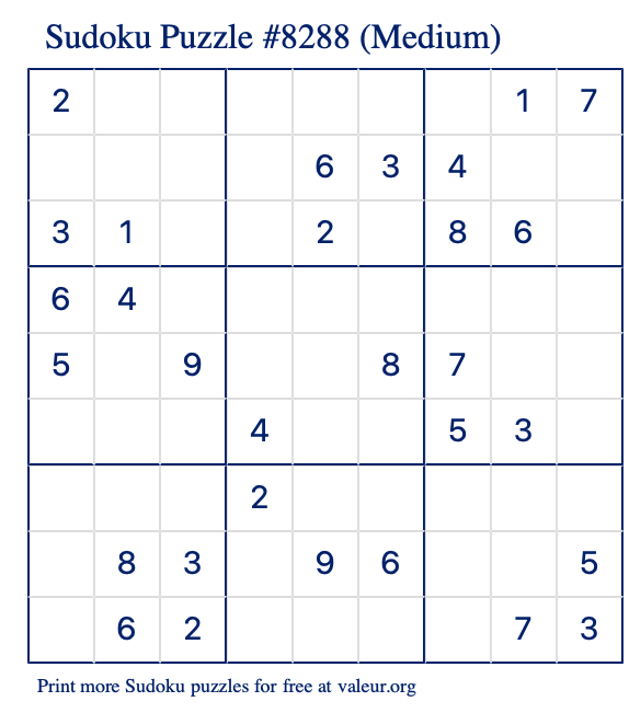 Free Printable Medium Sudoku Puzzle number 8288