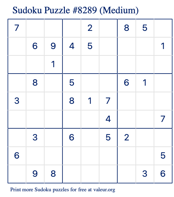Free Printable Medium Sudoku Puzzle number 8289