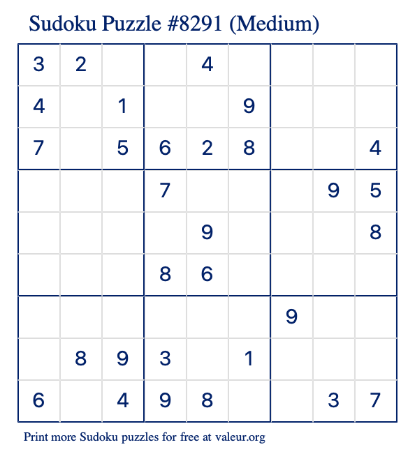 Free Printable Medium Sudoku Puzzle number 8291
