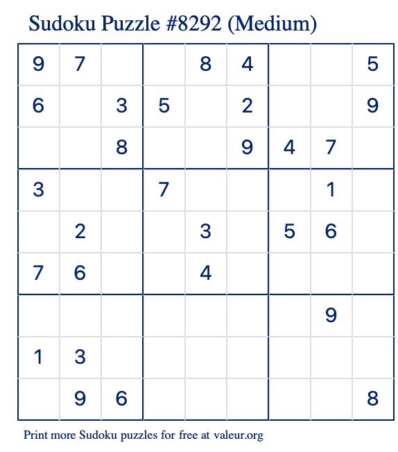 Free Printable Medium Sudoku Puzzle number 8292