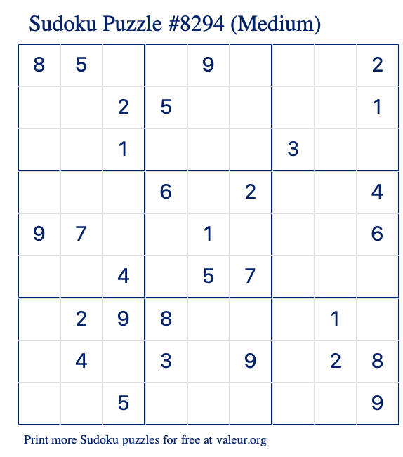 Free Printable Medium Sudoku Puzzle number 8294