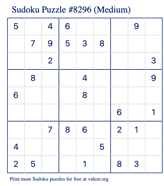 Free Printable Medium Sudoku Puzzle number 8296