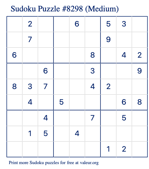 Free Printable Medium Sudoku Puzzle number 8298