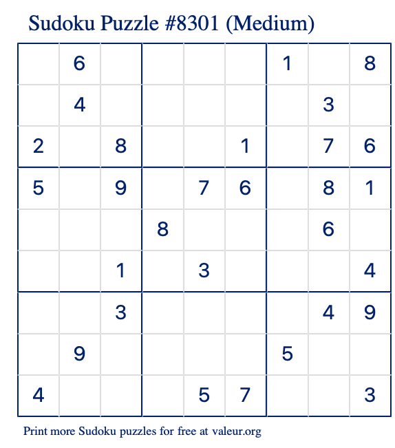 Free Printable Medium Sudoku Puzzle number 8301