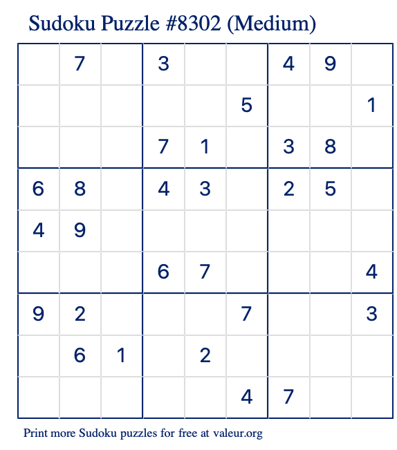 Free Printable Medium Sudoku Puzzle number 8302