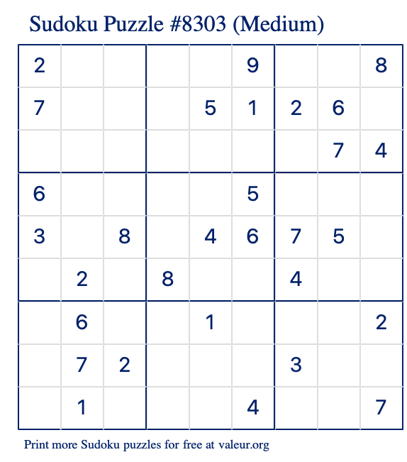 Free Printable Medium Sudoku Puzzle number 8303