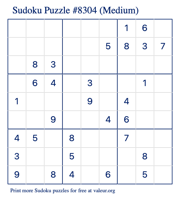 Free Printable Medium Sudoku Puzzle number 8304