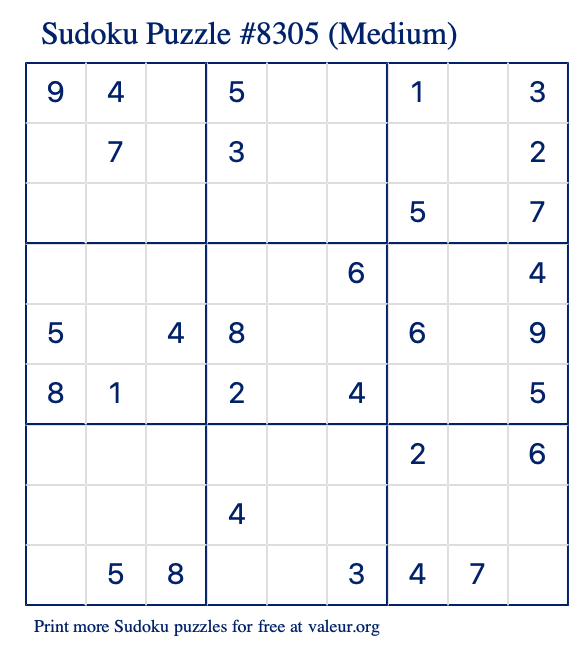 Free Printable Medium Sudoku Puzzle number 8305