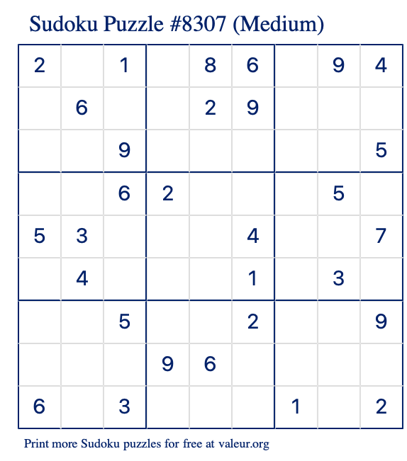 Free Printable Medium Sudoku Puzzle number 8307