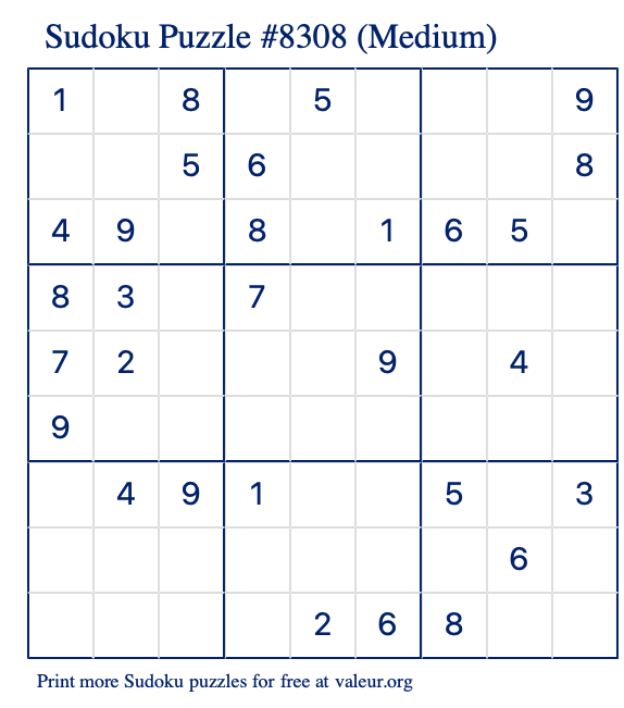 Free Printable Medium Sudoku Puzzle number 8308