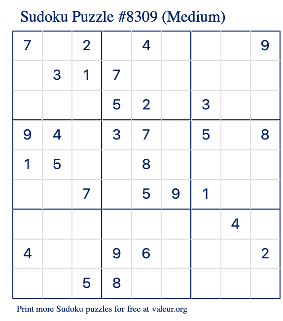Free Printable Medium Sudoku Puzzle number 8309