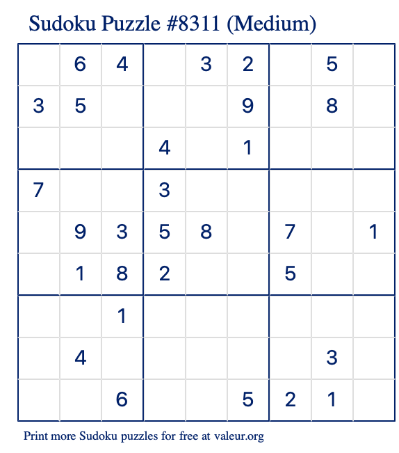 Free Printable Medium Sudoku Puzzle number 8311