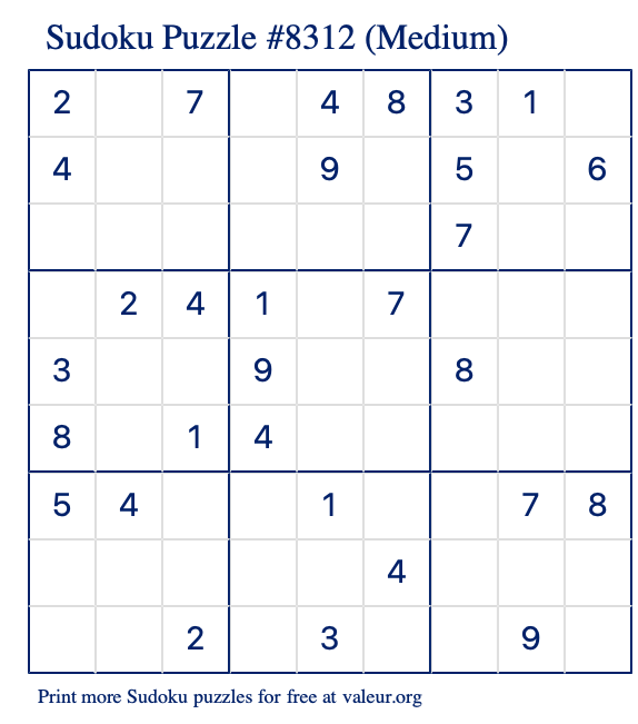 Free Printable Medium Sudoku Puzzle number 8312
