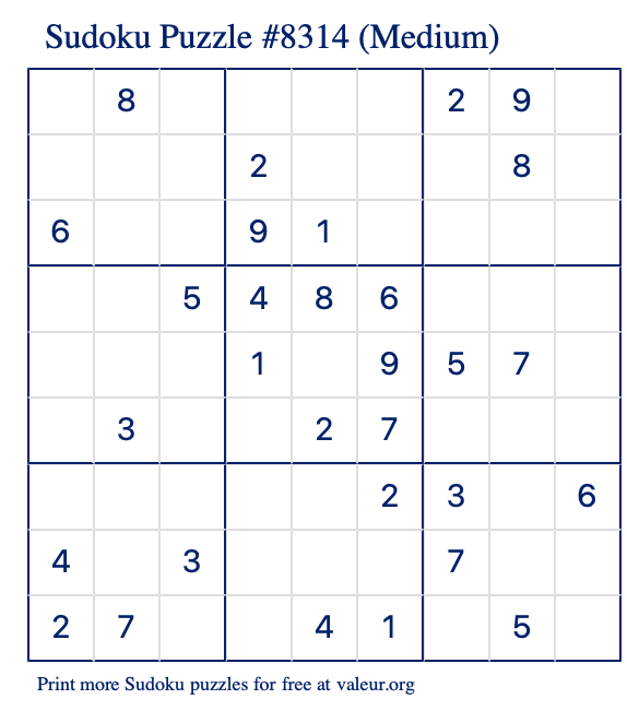 Free Printable Medium Sudoku Puzzle number 8314