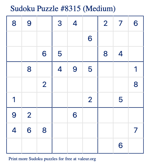 Free Printable Medium Sudoku Puzzle number 8315