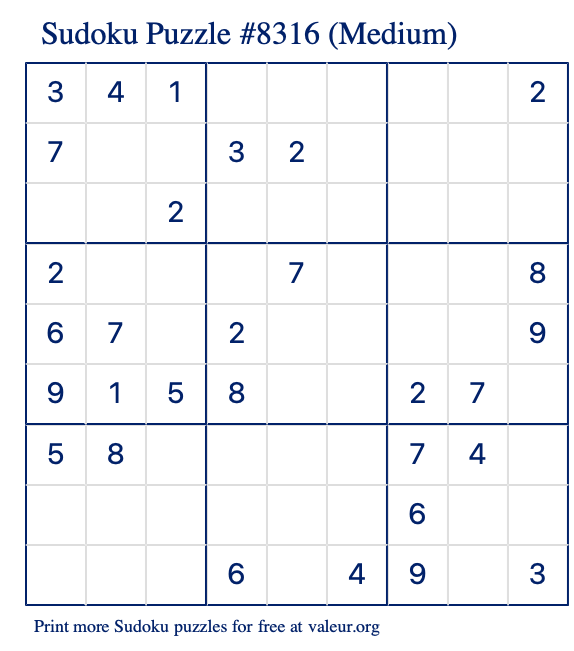 Free Printable Medium Sudoku Puzzle number 8316