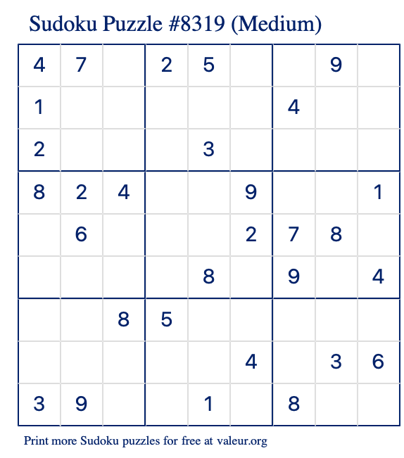 Free Printable Medium Sudoku Puzzle number 8319