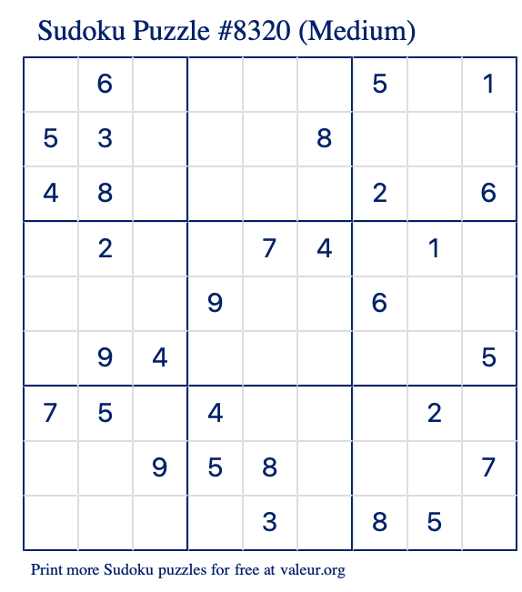 Free Printable Medium Sudoku Puzzle number 8320