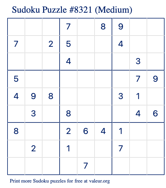 Free Printable Medium Sudoku Puzzle number 8321