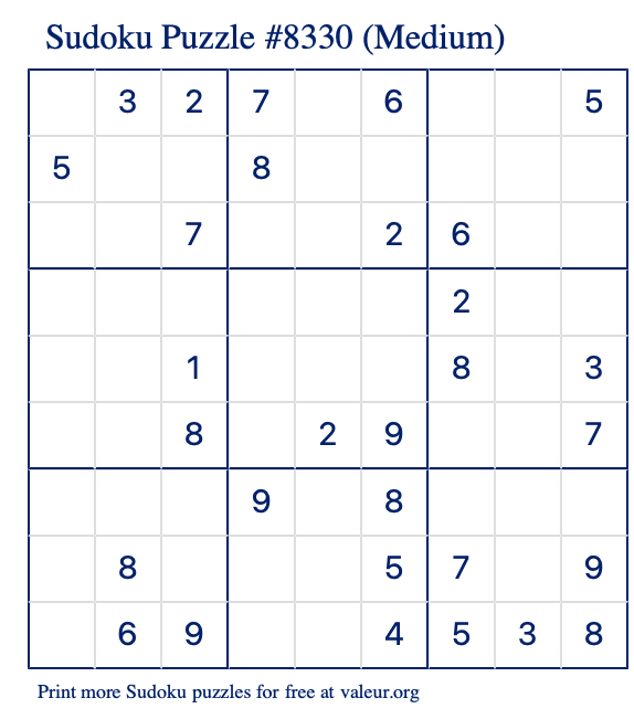 Free Printable Medium Sudoku Puzzle number 8330