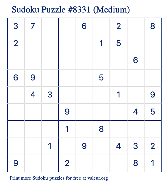 Free Printable Medium Sudoku Puzzle number 8331